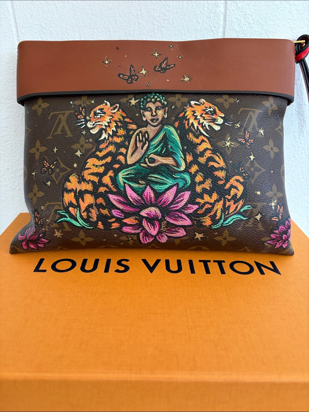 Louis Vuitton Brown Monogram PO Tuileries w/hand painted Buddha, Tigers & Lotus